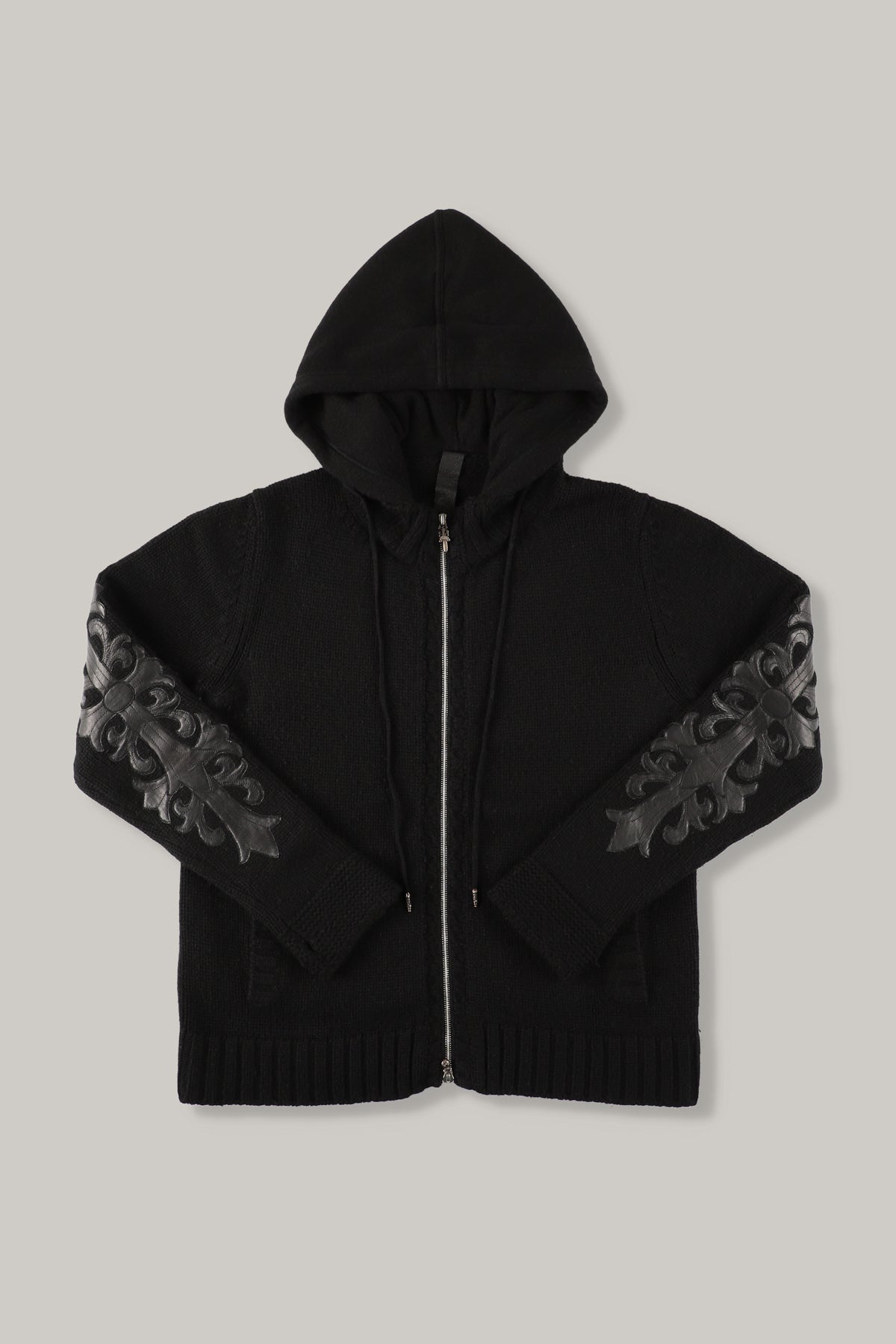 【CHROME HEARTS】CASHEMERE KNIT FLORAL LEATHER ZIP HOODIE