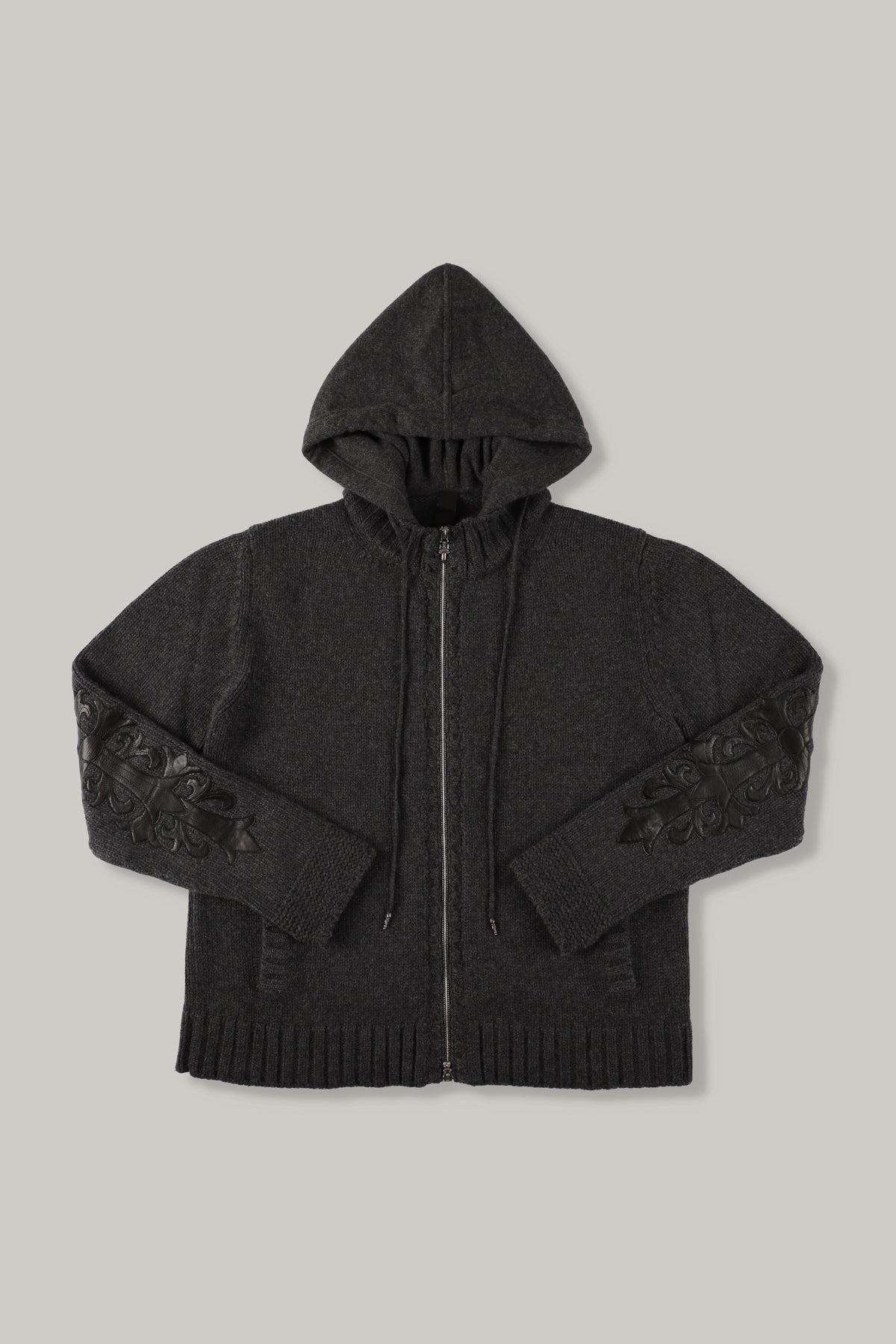 【CHROME HEARTS】CASHEMERE KNIT FLORAL LEATHER ZIP HOODIE