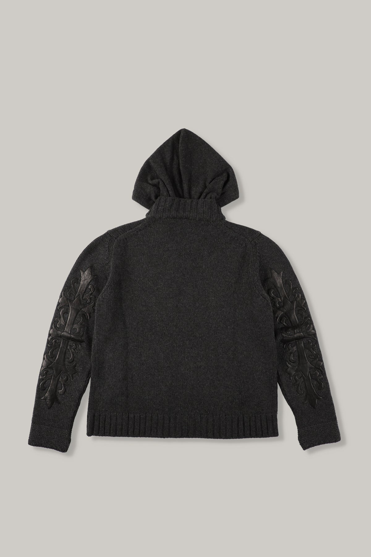 【CHROME HEARTS】CASHEMERE KNIT FLORAL LEATHER ZIP HOODIE