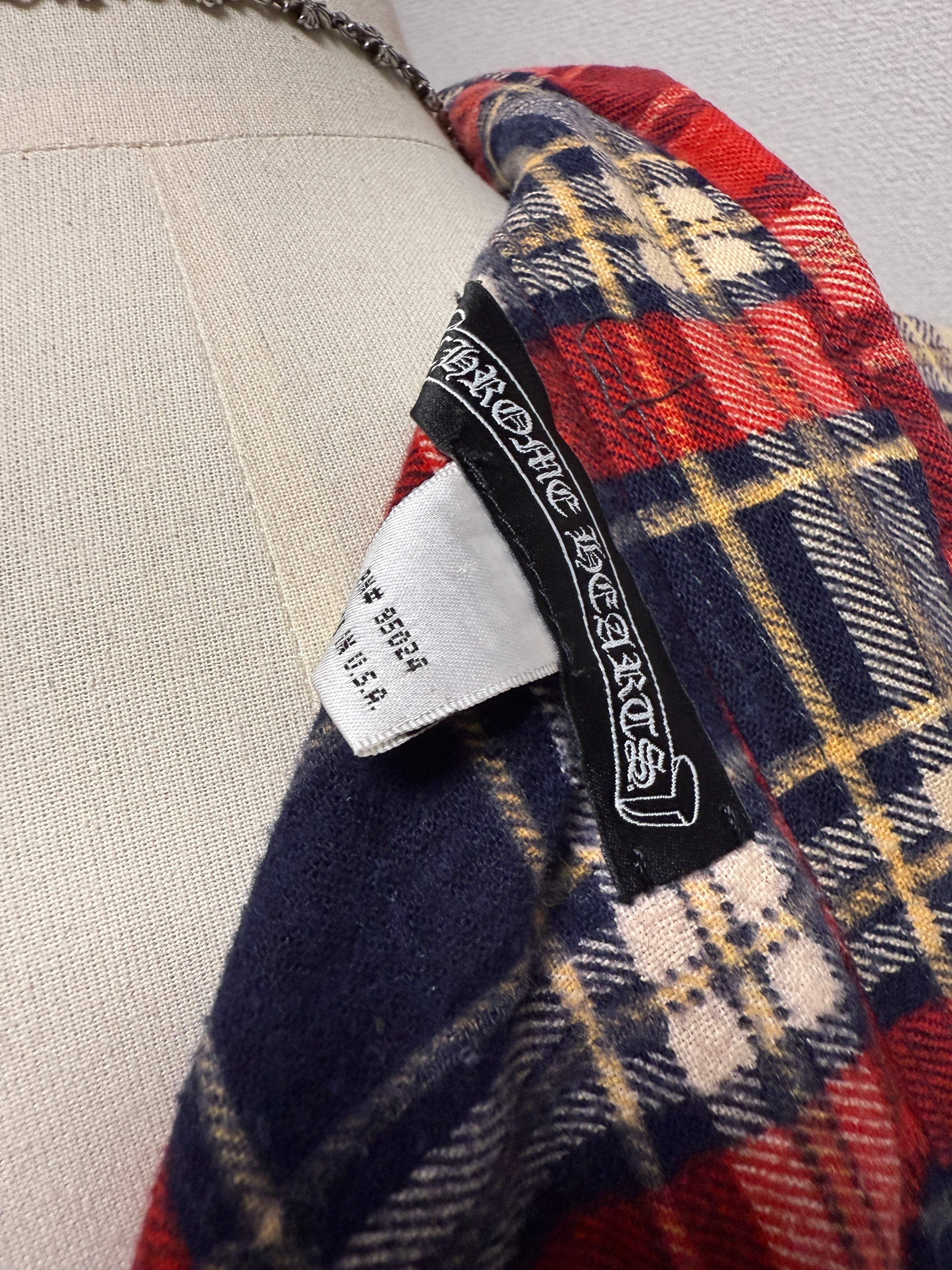 【CHROME HEARTS】FLORAL LEATHER CROSS PATCH CHECK SHIRT RED