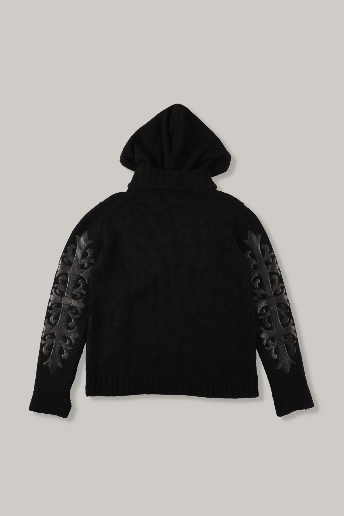 【CHROME HEARTS】CASHEMERE KNIT FLORAL LEATHER ZIP HOODIE