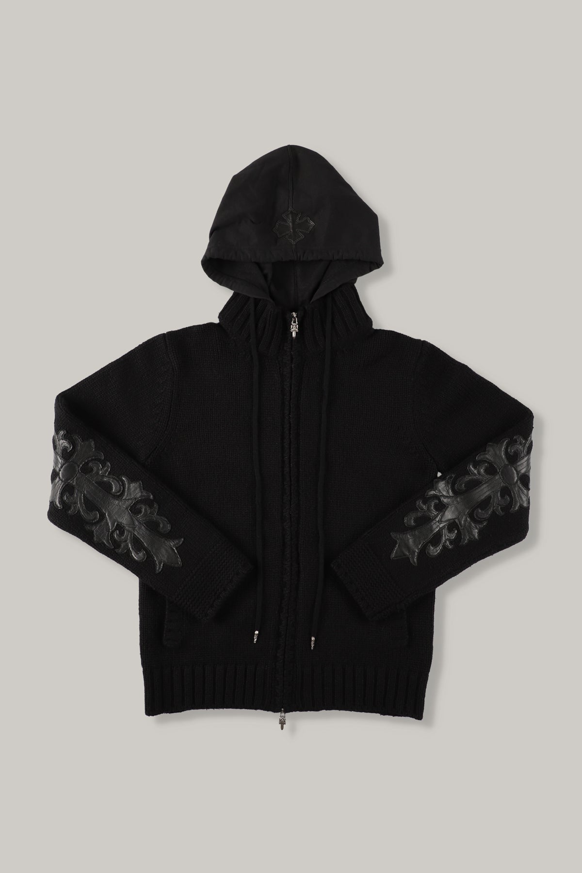 【CHROME HEARTS】CASHEMERE KNIT FLORAL LEATHER ZIP HOODIE