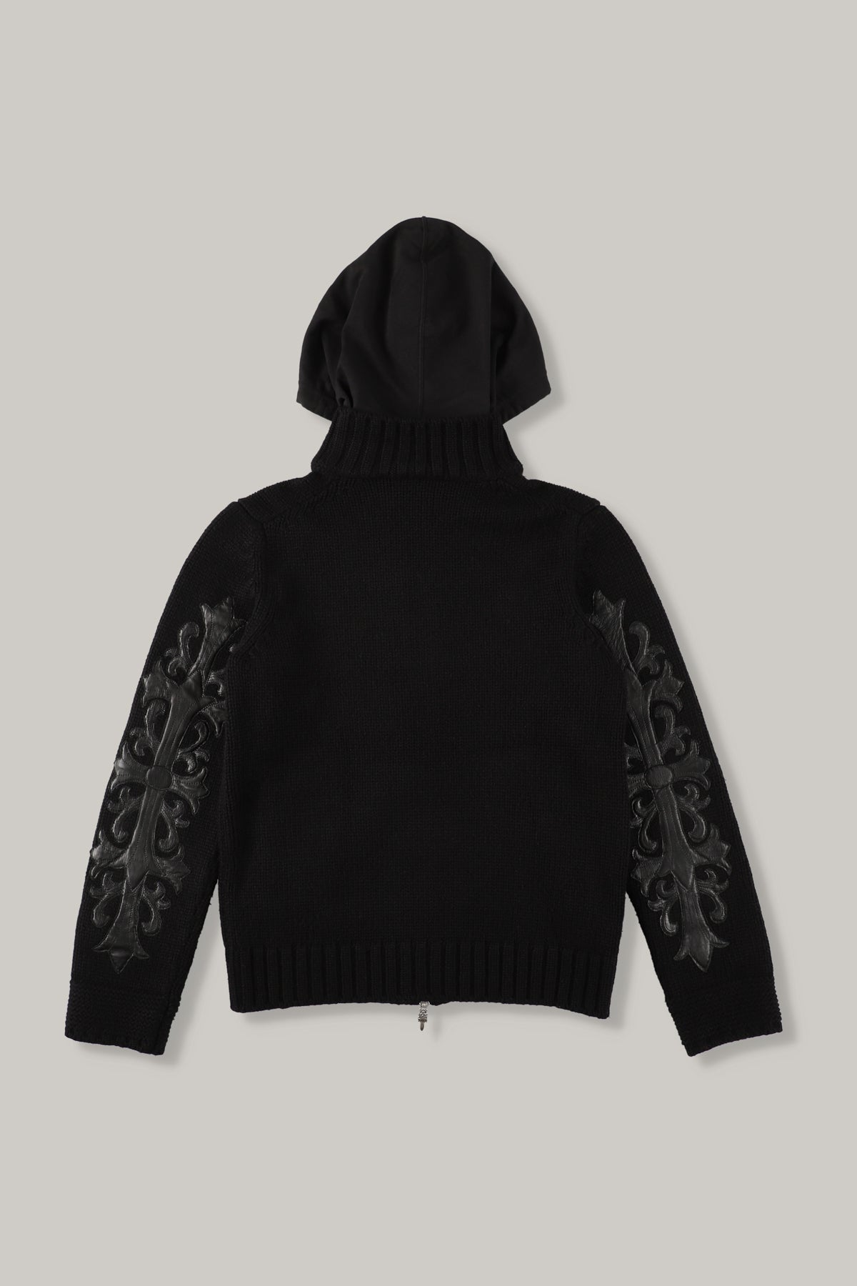 【CHROME HEARTS】CASHEMERE KNIT FLORAL LEATHER ZIP HOODIE