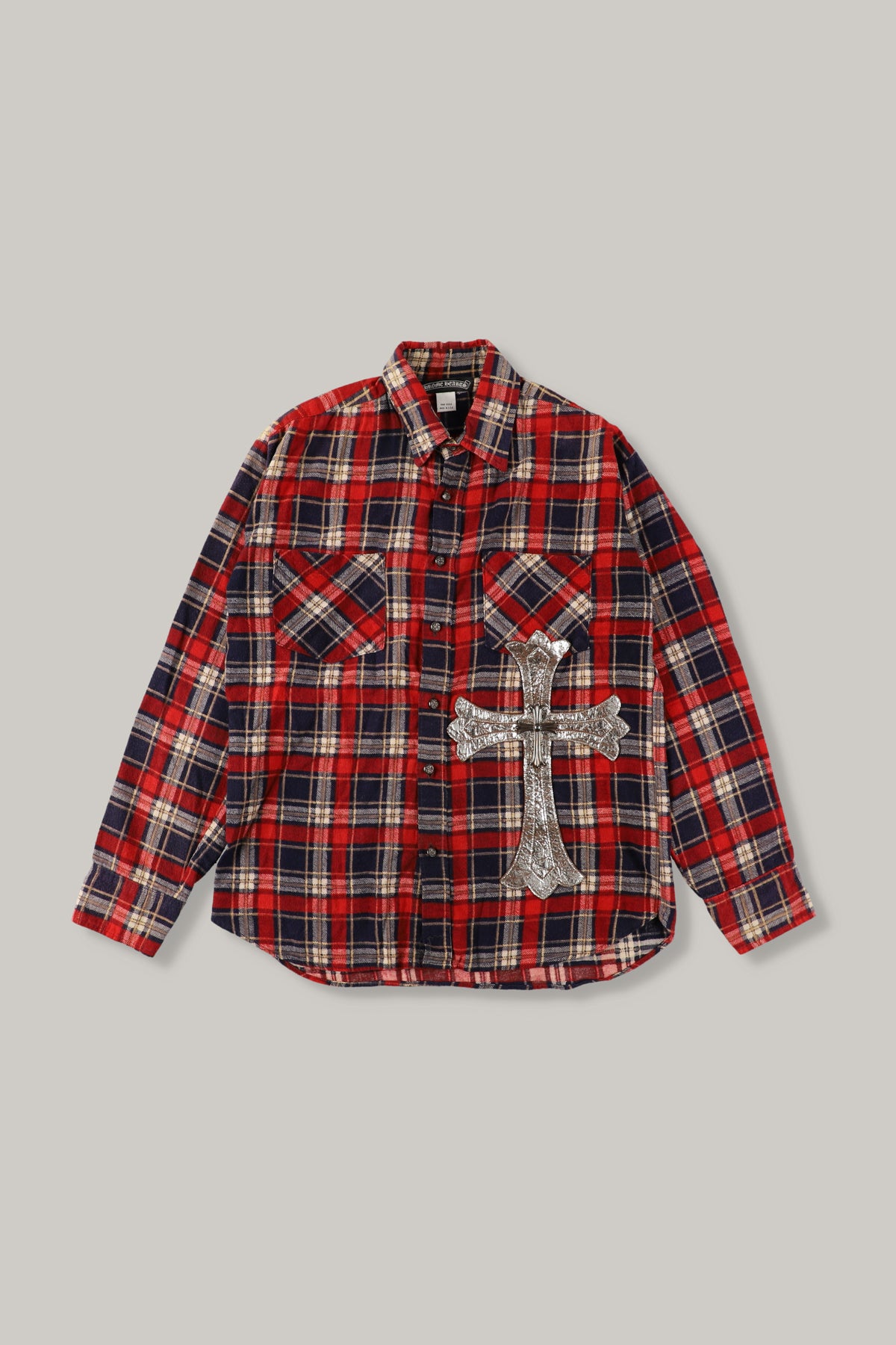 【CHROME HEARTS】FLORAL LEATHER CROSS PATCH CHECK SHIRT RED