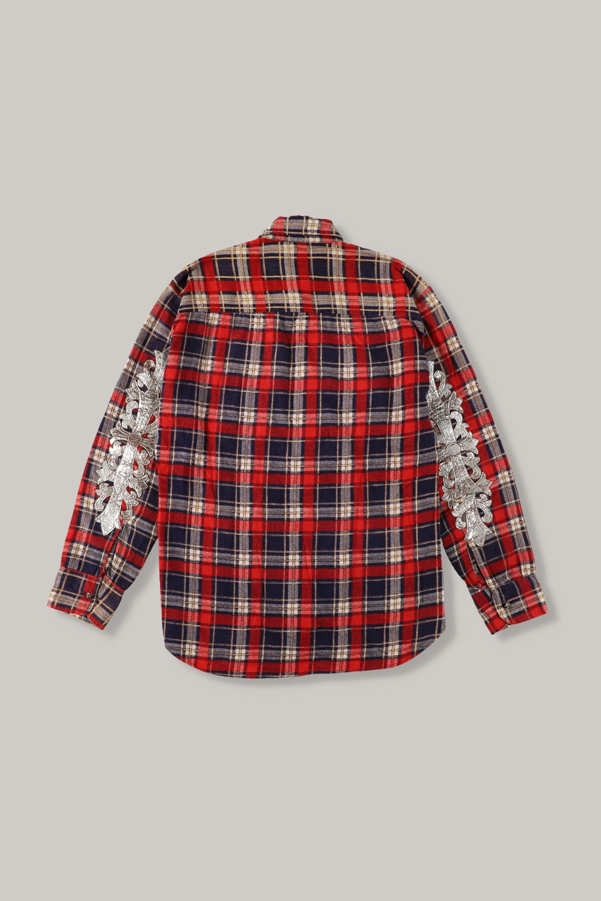 【CHROME HEARTS】FLORAL LEATHER CROSS PATCH CHECK SHIRT RED